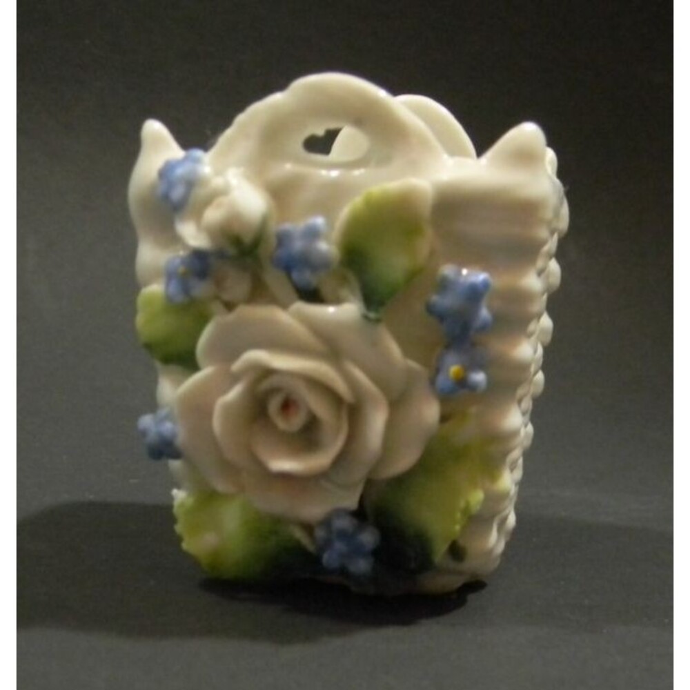 Vintage Mini Porcelain Basket Made In Germany Roses Blue Flowers